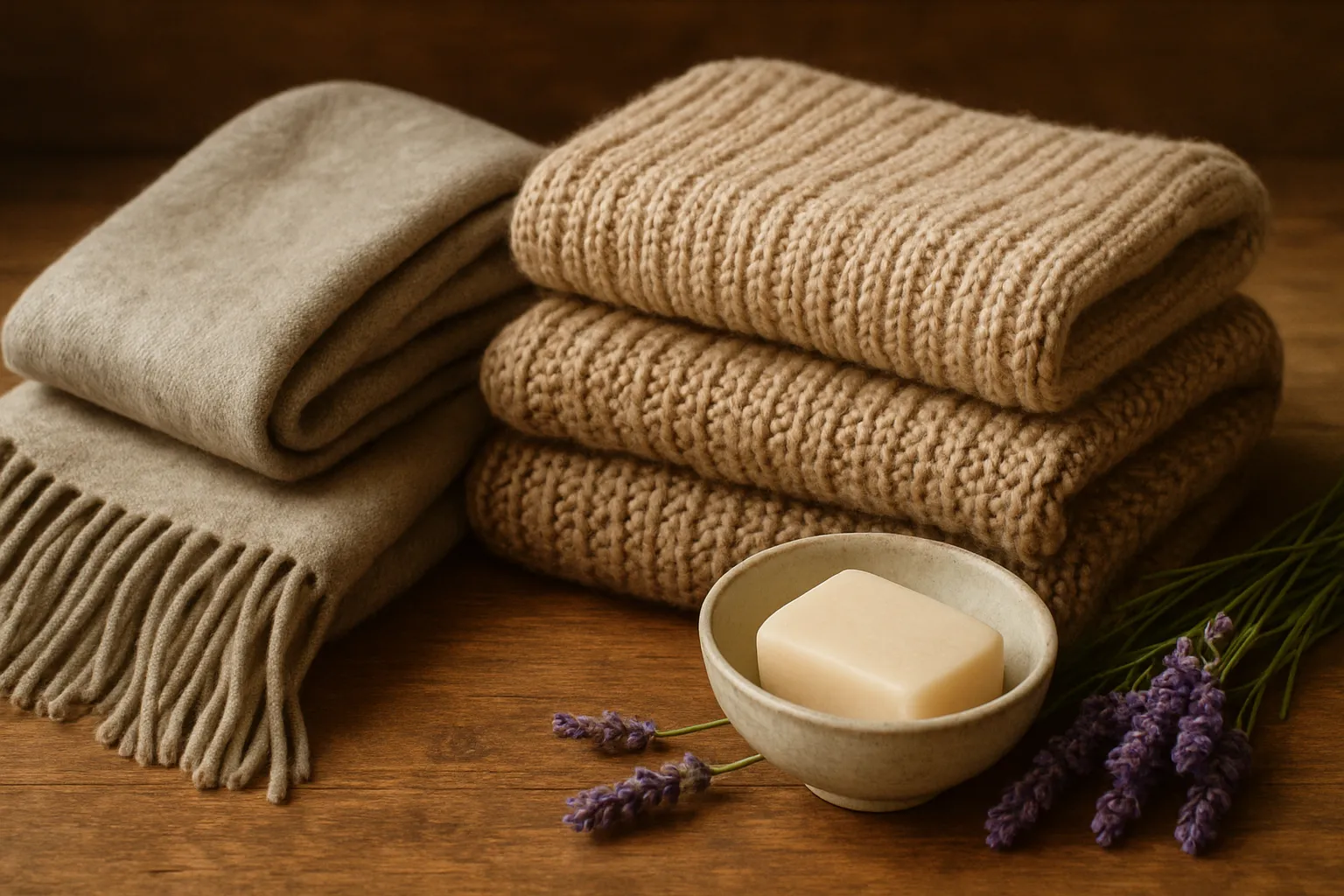 A woollen shawl and knitting laid flat to dry in natural light