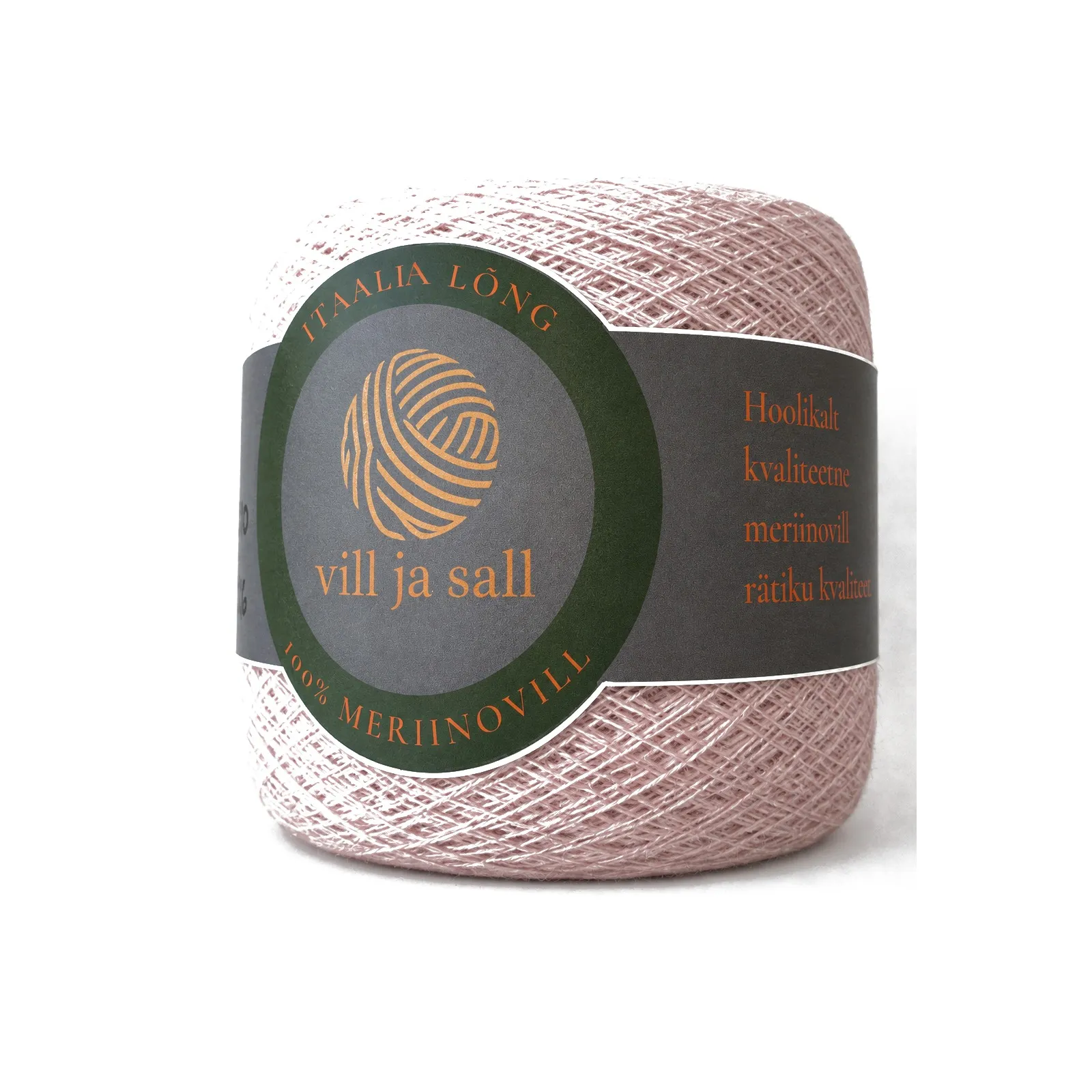 M16, soft pink 11-2509, a ball of merino wool yarn