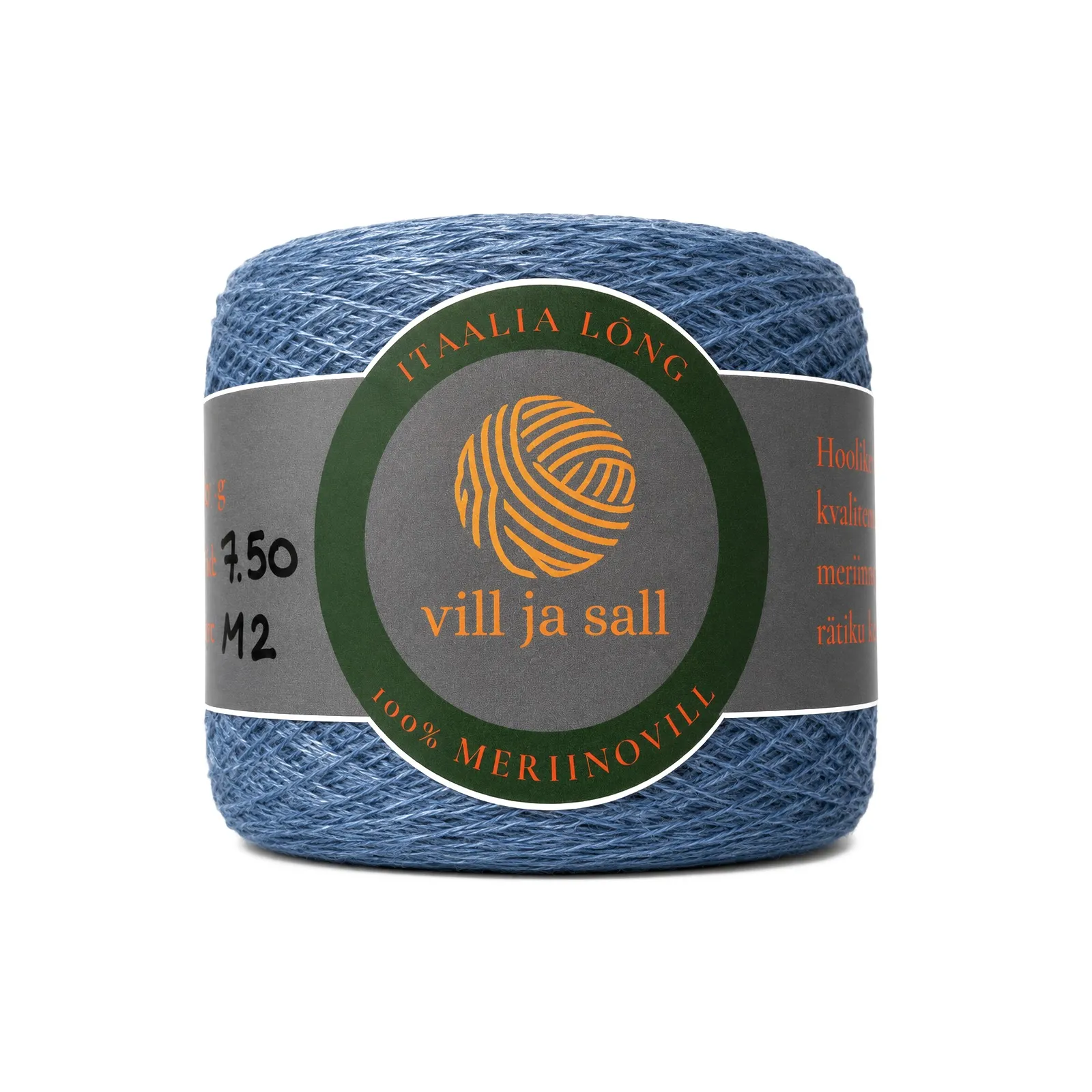M2, blue-grey provincial blue, a ball of merino wool yarn