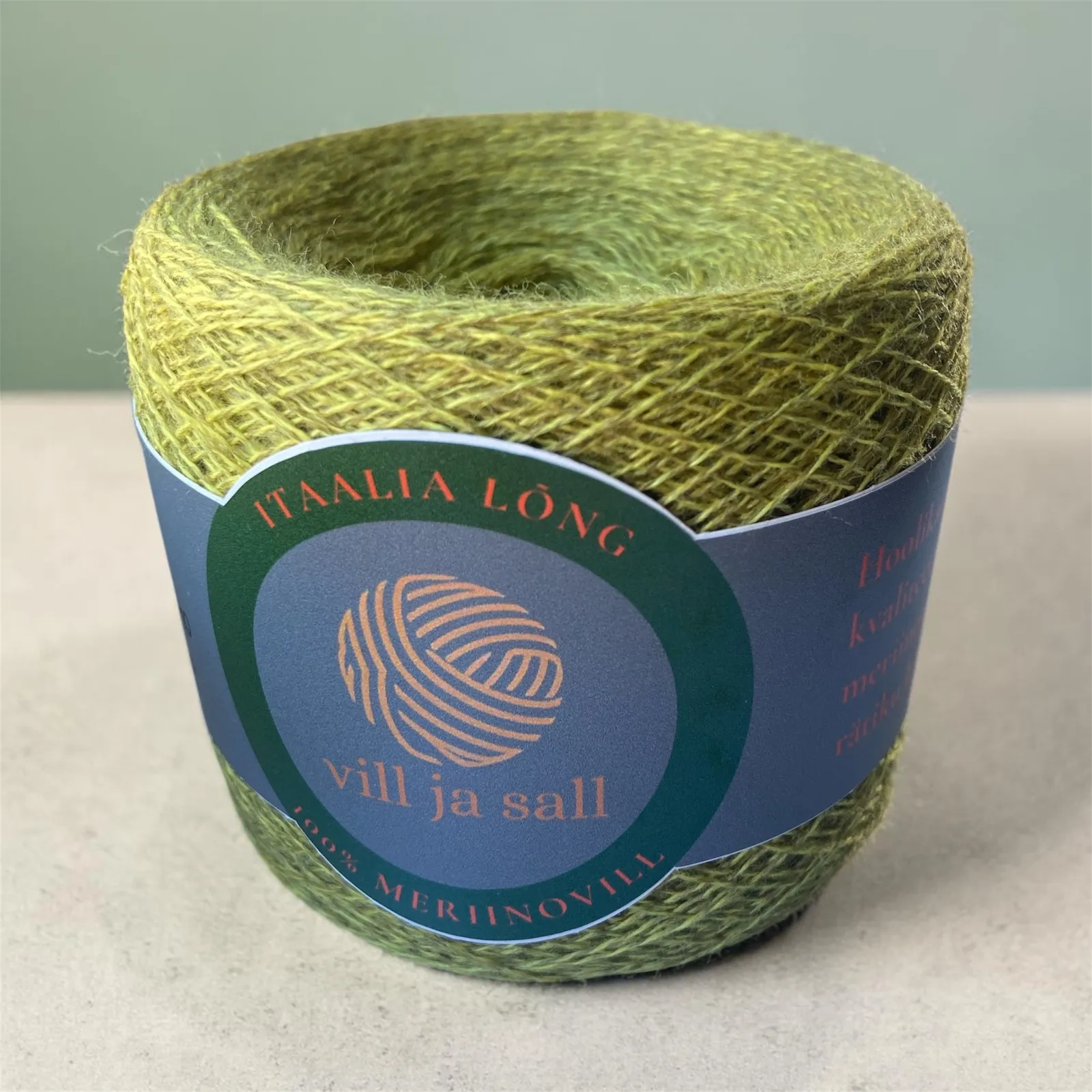 M8, bright green safiella (variegated), a ball of merino wool yarn
